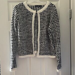 New York & Company Black & White Tweed Open-Front Cardigan